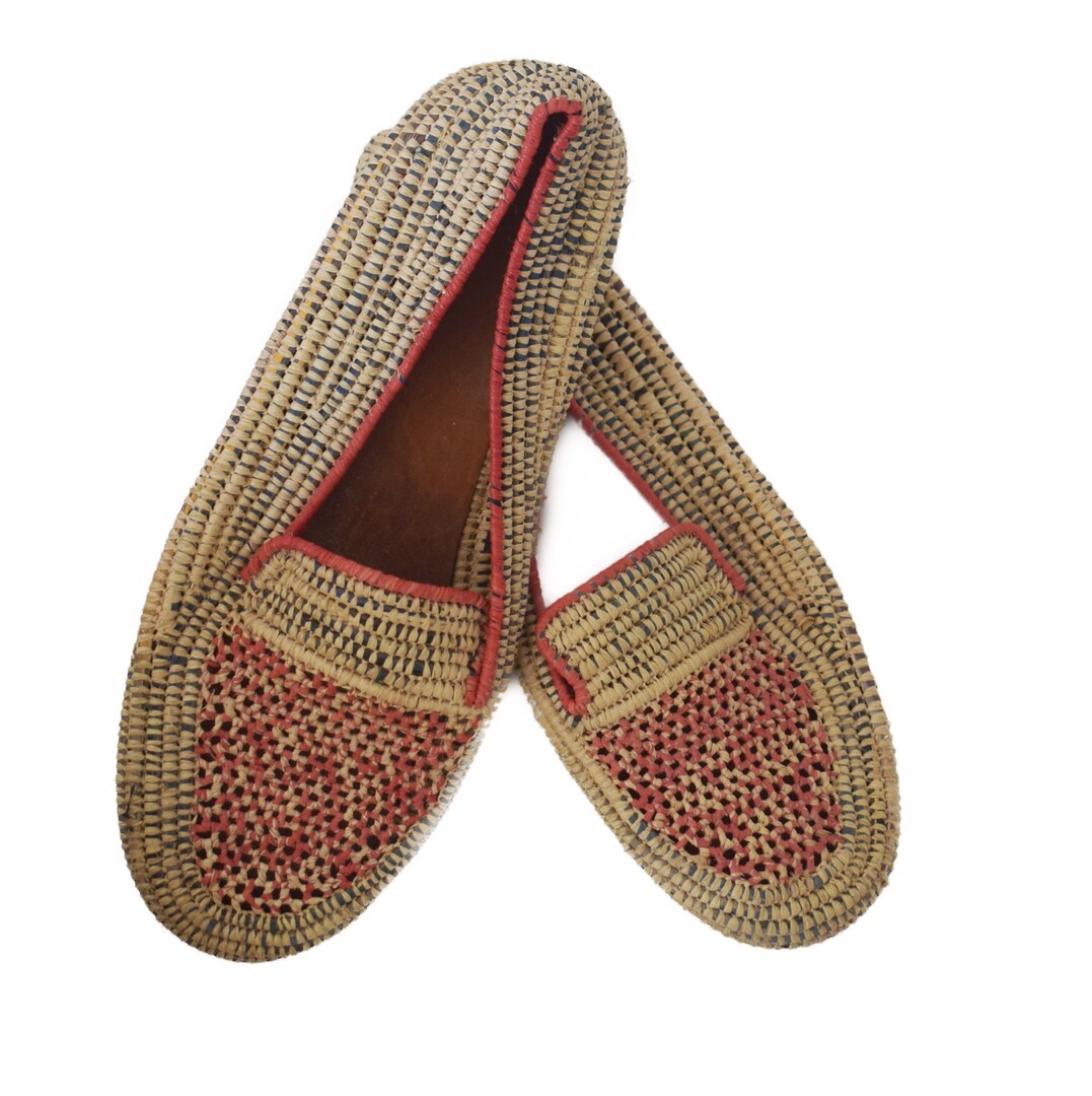 Mules à plateforme elastomère et raphia tressé coloré rouge